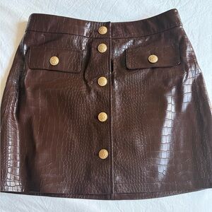 J. Crew Brown Croc-Embossed Mini Skirt with Gold Buttons